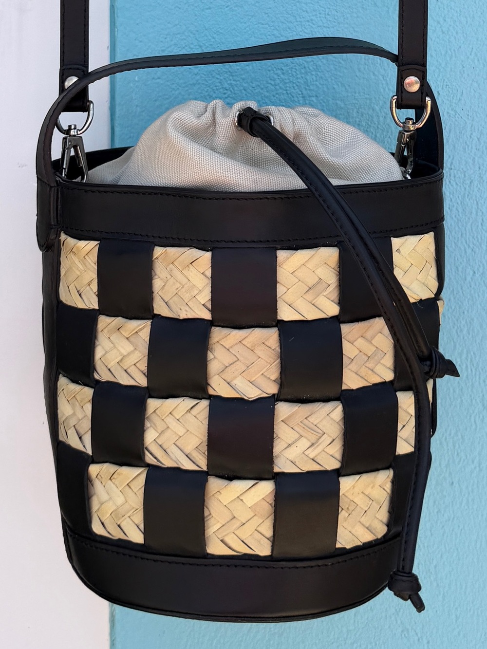 Hereu Galleda Black Woven Leather Raffia Basket Bucket Bag Checkered Crossbody